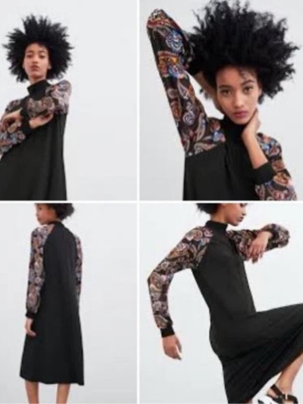 NWT Zara Black Contrast Paisley Print Sleeve Mock Neck Zip Midi Dress S